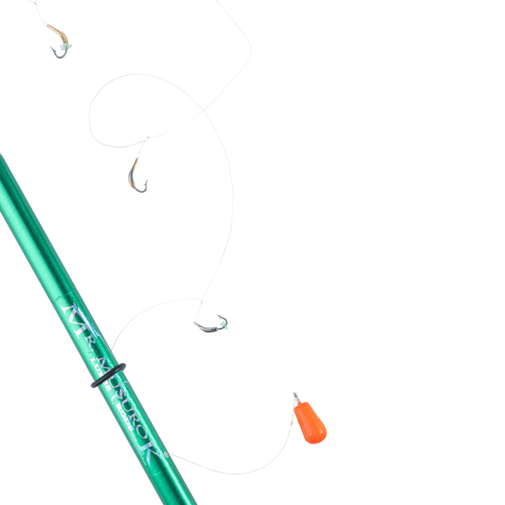 Махалка 125 см, 1 мм с гирляндой из 3х блёсен на корюшку (малоротку) с зазубриной + груз 5 гр