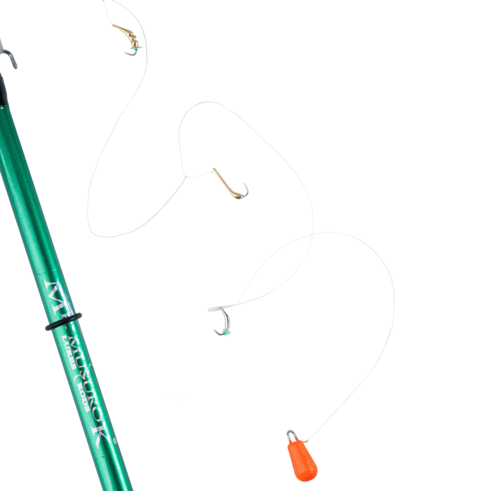 Махалка 125 см, 1 мм с гирляндой из 3х блёсен на корюшку (малоротку) + груз 5 гр